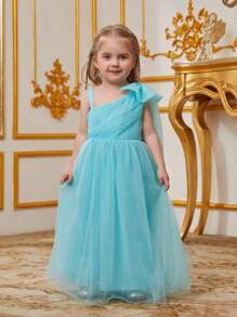 Toddler Girls' Shoulder Big Bowknot Mesh Party Dress - Baby Blue - View 4