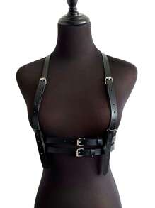 1 件女式 PU 皮革可调节腰带哥特式风格吊带肩带摇滚节服装万圣节紧身胸衣 - 黑色 - 查看 2