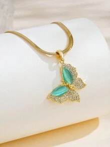 1條金色質感不鏽鋼扁鍊項鍊,鑲嵌鑽石和白貓眼蝴蝶吊墜,時尚簡單,男女皆宜,適合化裝舞會、萬聖節、聖誕節或日常佩戴 - 薄荷綠 - 查看 2