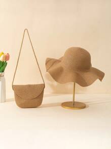 2pcs Ladies' Khaki Beach Sun Hat & Woven Crossbody Bag With Flap, Perfect For Beach Vacation Boho Halloween Halloween Decor Valentines Gift - Khaki - View 2