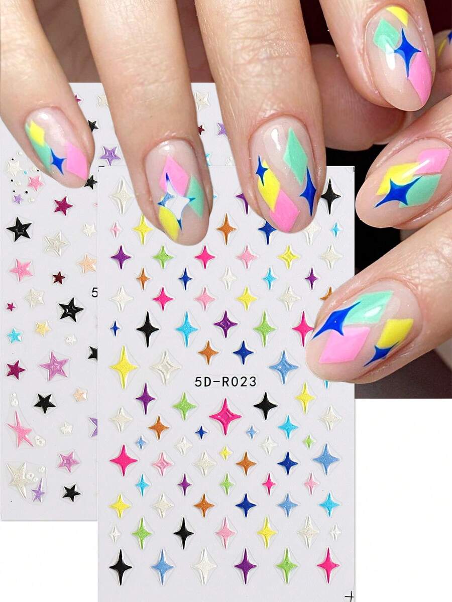 2張5d浮雕多巴胺動漫設計指甲貼紙,星星,星爆設計指甲貼紙可供diy或美甲沙龍使用,自粘式卡通指甲藝術用品,適用於女性和女孩 - 彩色 - 查看 1