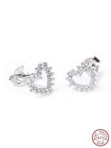 1pair 925 Silver Cubic Zirconia Heart Stud Earrings, Suitable For Women'S Daily Wear, Travel, Birthday Party, Gathering, As Gifts - Silver - View 2