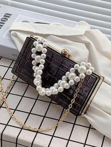 亞克力透明手提袋,女士珍珠鏈手提包,晚宴斜挎包 - 黑色 - 查看 7