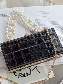 亞克力透明手提袋,女士珍珠鏈手提包,晚宴斜挎包 - 黑色 - 查看 5