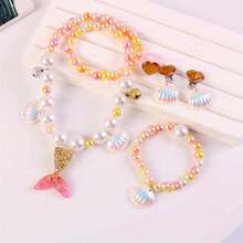 5入組 時尚兒童美人魚尾巴主題珠寶套裝，包括項鍊、手鍊、耳環、假珍珠貝殼戒指，適合女孩公主裝扮 - 橘色 - 查看 2