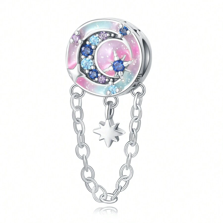 PANPOKI 1入組925純銀太空星空月亮彩色珠子，適用於原裝手鍊項鍊DIY手工珠寶製作，是女孩女性最佳生日禮物 - 銀色 - 查看 1