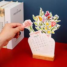 2024年木框台歷掛件記事本日曆台歷花卉新年日曆台裝飾家居裝飾 - 粉色 - 查看 2