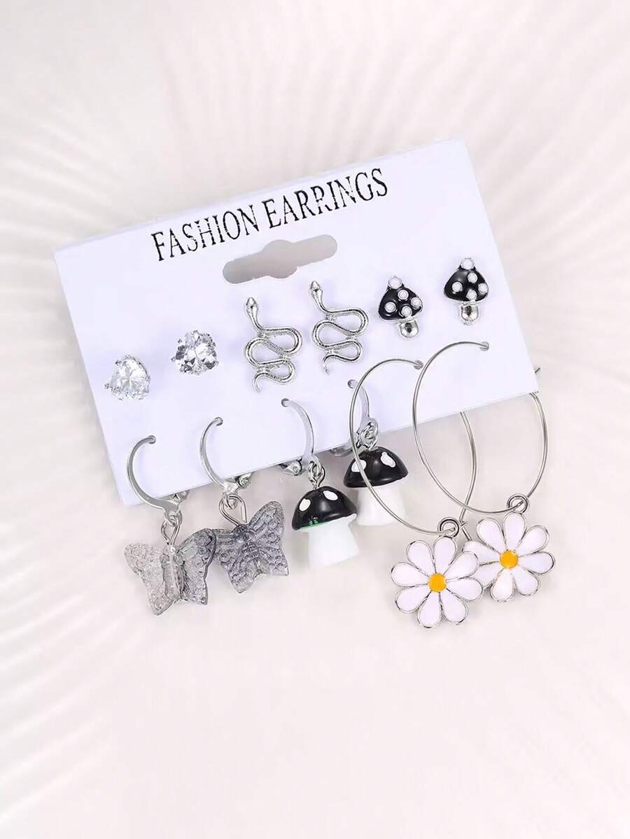 6pcs/Set Creative Mushroom Earrings & Flower Drops & Mini Snake Shaped Stud Earrings - Black - View 1