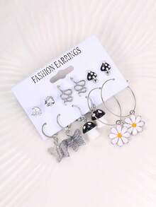 6pcs/Set Creative Mushroom Earrings & Flower Drops & Mini Snake Shaped Stud Earrings - Black - View 5