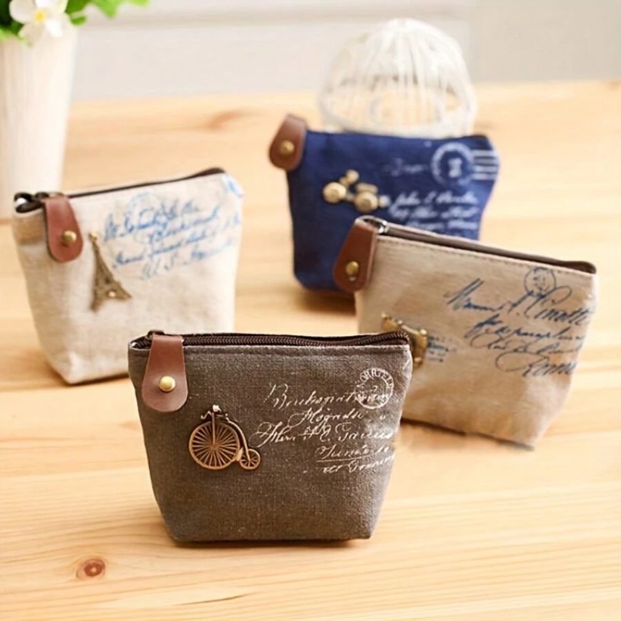 1pc Retro Decor Casual Portable Zipper Key Card Earphone Bag Casual Bag For Daily Use Women For Women Wallet Mini Wallet Purse Wallet Coin Wallet - Dark Grey - View 1