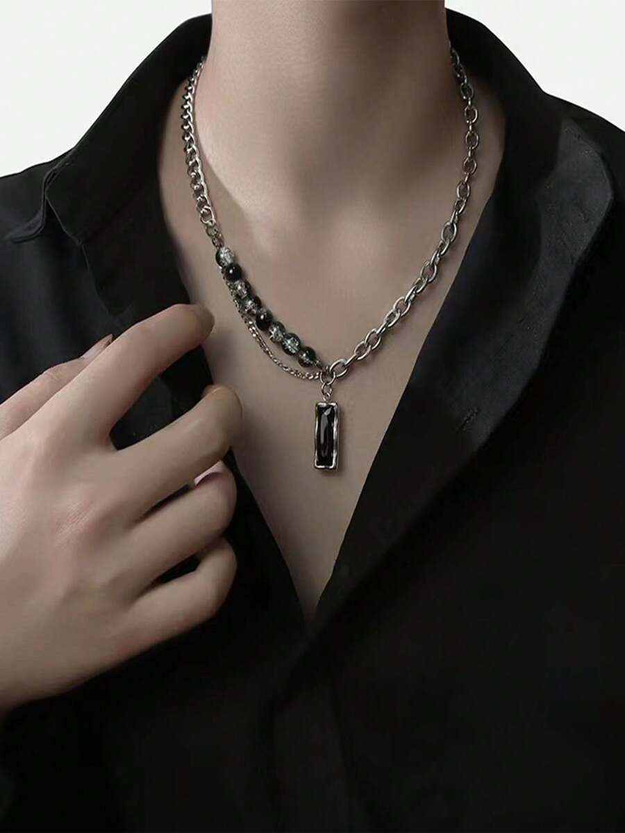 1件欧美时尚几何长方形复古金属项链，男士朋克风个性化吊坠项链 - 銀色 - 查看 1