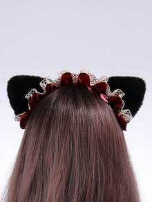 1pc Ladies' Lolita Style Wine Red Satin Ribbon Cat Maid Headband With Lace Cat Ear Detailing, Suitable For Daily, Parties, Cosplay And Other Occasions - Burgundy - View 3