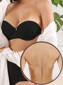 1 Stück schwarzer glänzender Bügel-BH mit Halbkupfung, dicker Polsterung, transparenten Trägern und rückenfreiem Design, Lingerie