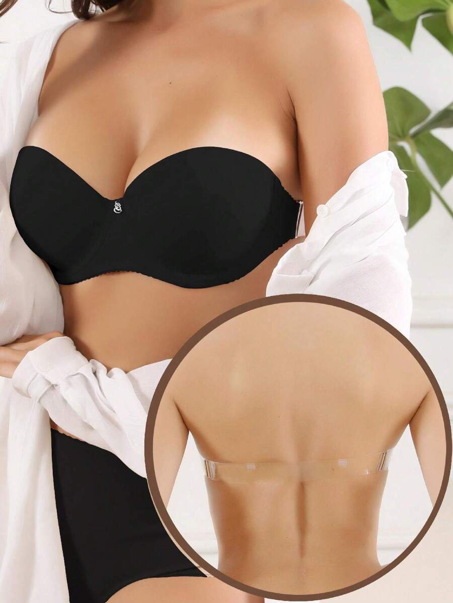 1 Stück schwarzer glänzender Bügel-BH mit Halbkupfung, dicker Polsterung, transparenten Trägern und rückenfreiem Design, Lingerie