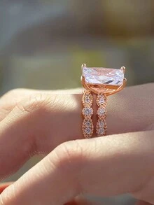 2入組浪漫婚約結婚戒指立方氧化鋯永恆戒指手工純銀戒指,附贈禮品盒,適合作為紀念日禮物或情人節禮物,送給妻子的精品珠寶禮物(禮盒顏色隨機發送) - 玫瑰金 - 查看 1