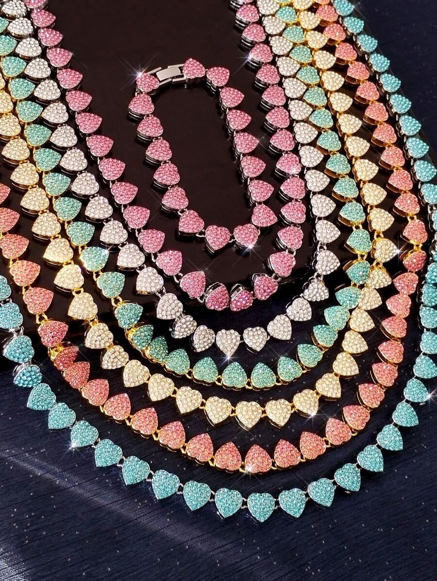 2 件套冰心 Y2K 彩色水钻项链和手链男士嘻哈时尚珠宝礼物嘻哈朋克爱好者珠宝链环手链套装