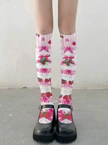 1pc Women's Strawberry Print Thin Long Tube Stockings For Spring And Autumn - Multicolor - View 1