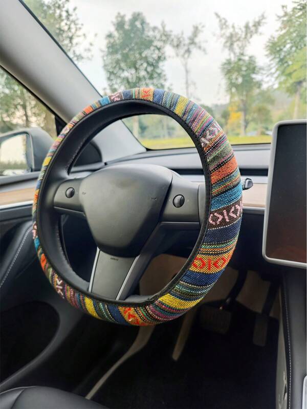 1pc Retro  Linen Steering Wheel Protective Cover Bohemian Style Colored Steering Wheel Cover