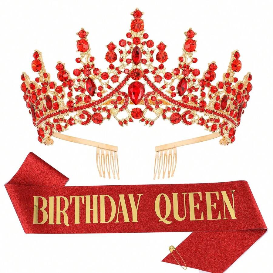 女士生日皇冠頭飾和肩帶,女孩生日派對裝飾禮物水晶頭帶高級鑽石皇冠套裝女王公主髮飾裝扮 - 紅色 - 查看 1