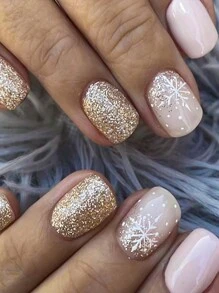 Add a Touch of Romance with 24pcs Short Square Christmas Elegant Snowflake Gold Powder Full Cover Fake Nail For Women And Girls - Multicolor - View 1