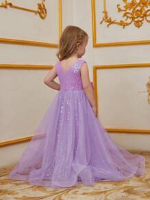 Young Girl Sequin Floor-Length Party Dress With Butterfly Waist Decor & Tulle Skirt Overlay – Sleeveless Round Neck, Fitted Silhouette For Special Occasions - Mauve Purple - View 3