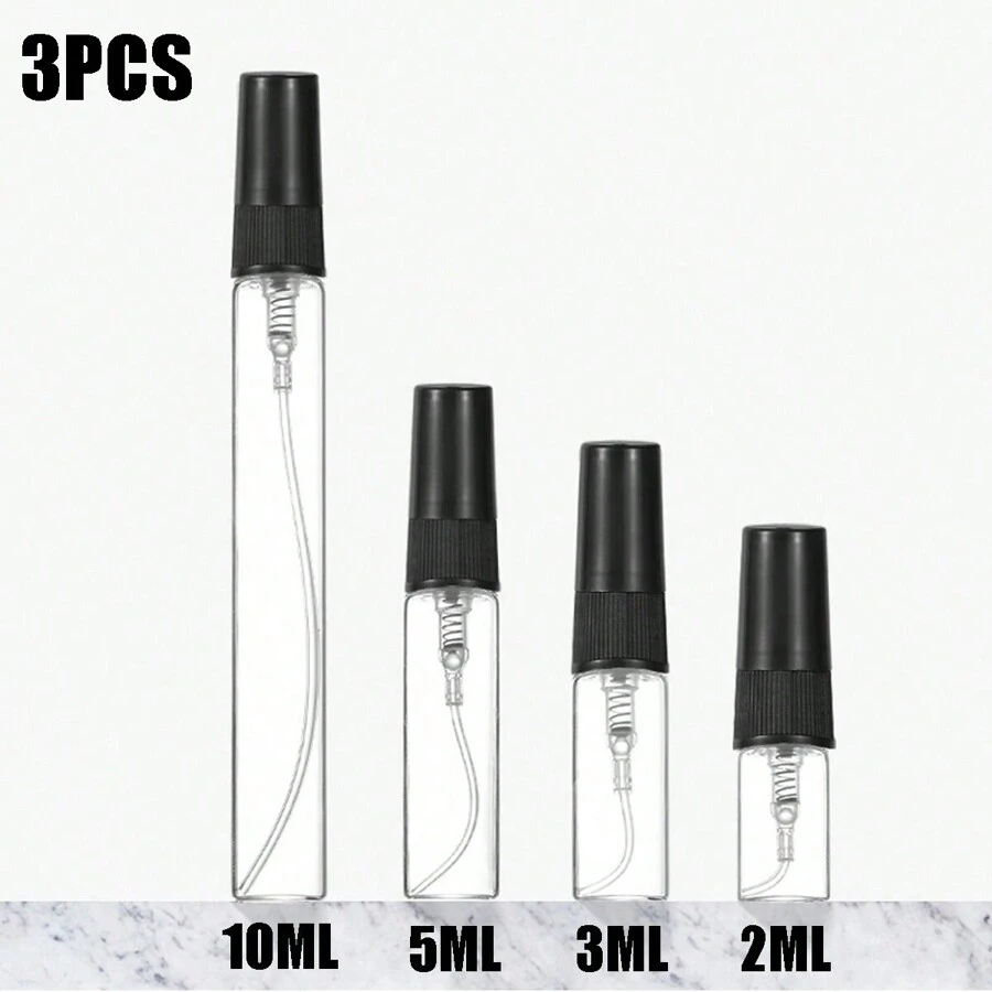 3pcs Mini Perfume Spray Bottles, Small Clear Glass Refillable Makeup Sample Empty Atomizer Perfume Bottles, Travel Essentials, 2ml 3ml 5ml10ml - Black - View 1