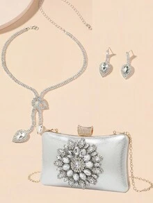 太陽花圖案硬殼抱包,外觀呈抱枕狀,鑲嵌鑽石,適用於派對、婚禮、舞會、晚宴/宴會,可與婚紗、禮服、舞會裙、生日禮服搭配 - 銀色 - 查看 2