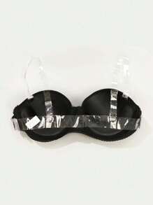 1 Stück schwarzer glänzender Bügel-BH mit Halbkupfung, dicker Polsterung, transparenten Trägern und rückenfreiem Design, Lingerie