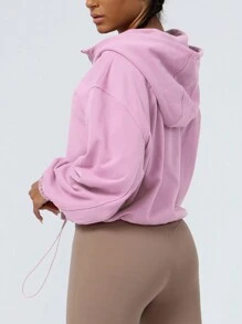 女套頭連帽瑜珈健身戶外跑步拉鍊寬鬆長袖運動運動衫 - 紫色 - 查看 5