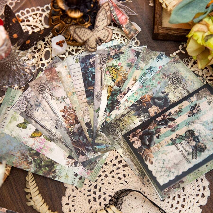 YANJI 30 件復古主題剪貼簿紙,帶有蝴蝶和花朵圖案,diy 藝術工藝裝飾材料,用於個性化相冊,學校用品 - 綠色 - 查看 1