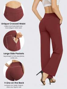 Women's Solid Color Cross-Waist Athletic Pants - Red - View 6