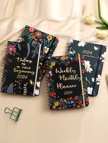 1pc 2024 Coil Notebook With Spiral Week Plan, Floral Schedule Book, English Diary - Multicolor - View 5