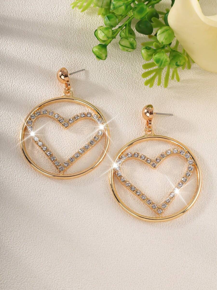 1pair Fashionable European & American Style Valentine'S Day Heart Shaped Gemstone & Rhinestone Decor Earrings For Women - Yellow Gold - View 1