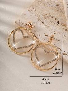 1pair Fashionable European & American Style Valentine'S Day Heart Shaped Gemstone & Rhinestone Decor Earrings For Women - Yellow Gold - View 4