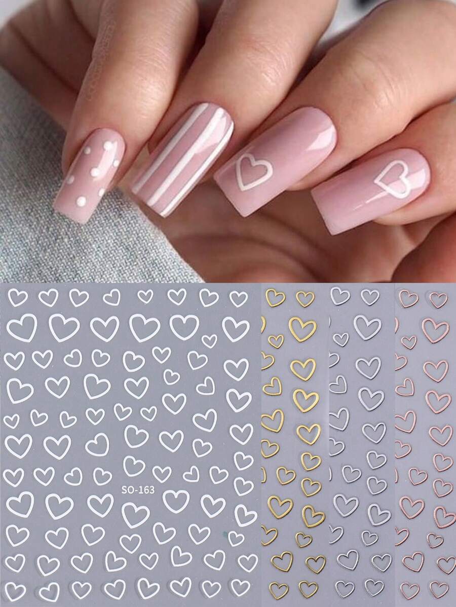 4 folhas Adesivos de Arte de Unhas em Forma de Coração Branco, Desenho de Coração Vazado em Dourado, Prata e Rose Gold, Decalques de Unhas 3D, Decoração Autoadesiva para Unhas DIY em Casa e Salão - Multicolorido - Visão 1