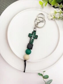 1入綠色迷彩矽膠吊墜木珠流蘇鑰匙扣、手環、鑰匙鍊、手鐲、包包配件 - 綠色 - 查看 4