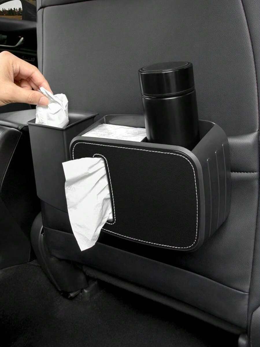1 件装ABS 和皮革黑色汽车座椅靠背多功能储物收纳盒，带垃圾桶、纸巾盒和雨伞架，汽车配件