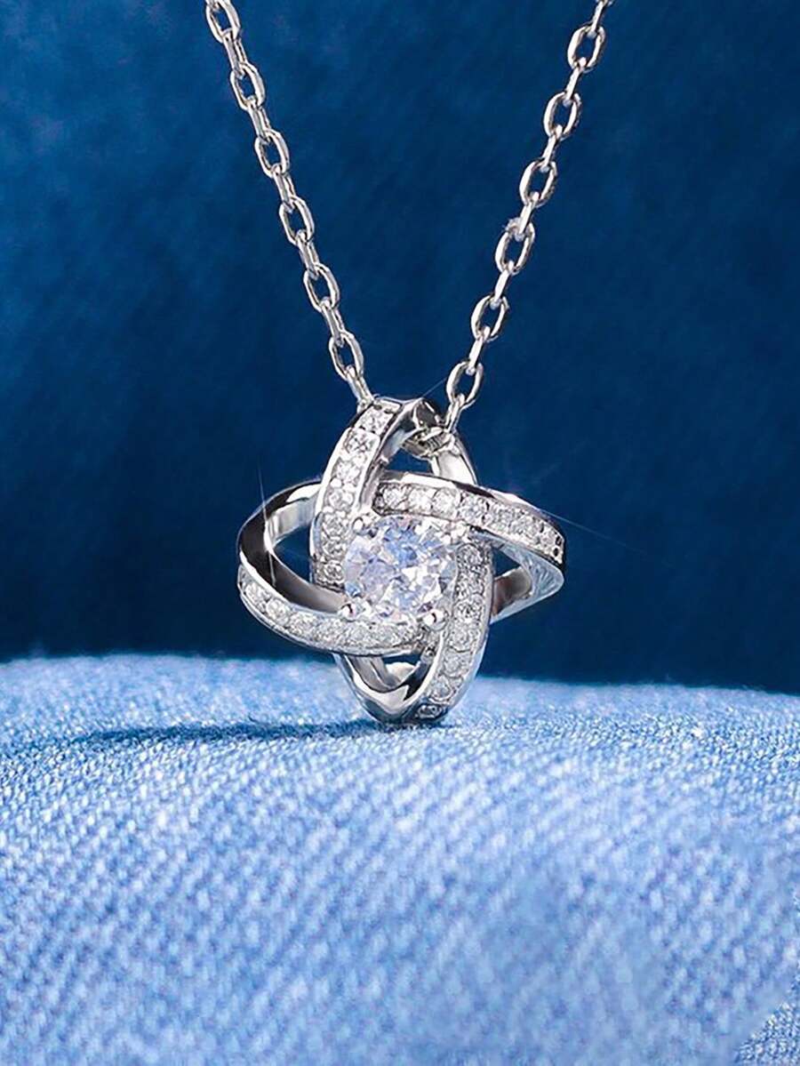 方晶鋯石裝飾銀項鍊 - 銀色 - 查看 1