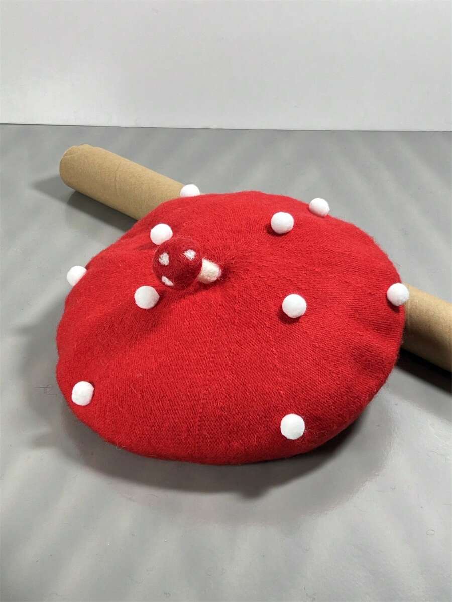 Girls' Handmade Knitted Beret Hat With Sponge, Polka Dots, Decorative Strawberry & Sheep, Suitable For Daily Wear - Red - View 1