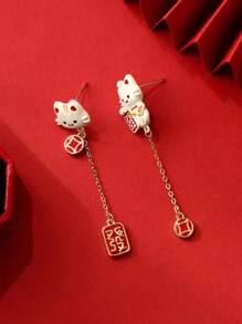 全新中式不對稱設計招財貓夾式耳環龍年流蘇吊墜非穿孔耳飾 - 新中式招財貓耳環 - 查看 4