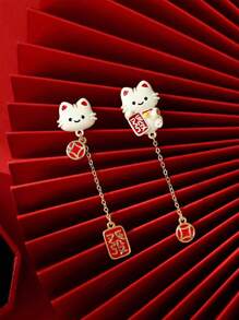 全新中式不對稱設計招財貓夾式耳環龍年流蘇吊墜非穿孔耳飾 - 新中式招財貓耳環 - 查看 1