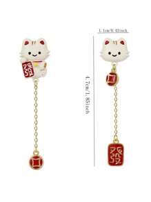全新中式不對稱設計招財貓夾式耳環龍年流蘇吊墜非穿孔耳飾 - 新中式招財貓耳環 - 查看 5