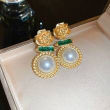 1 對 925 純銀耳環,鑲鑽花朵和珍珠設計,法式巴洛克復古風格珠寶,適合女士日常佩戴和節日禮物 - 金色 - 查看 8