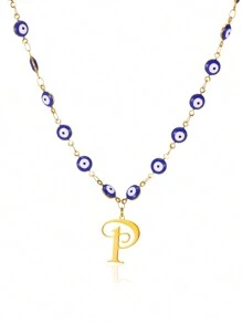 1pc Gold Stainless Steel Blue Evil Eye Initial A-Z Pendant Necklace Suitable For Women, Festival Gift