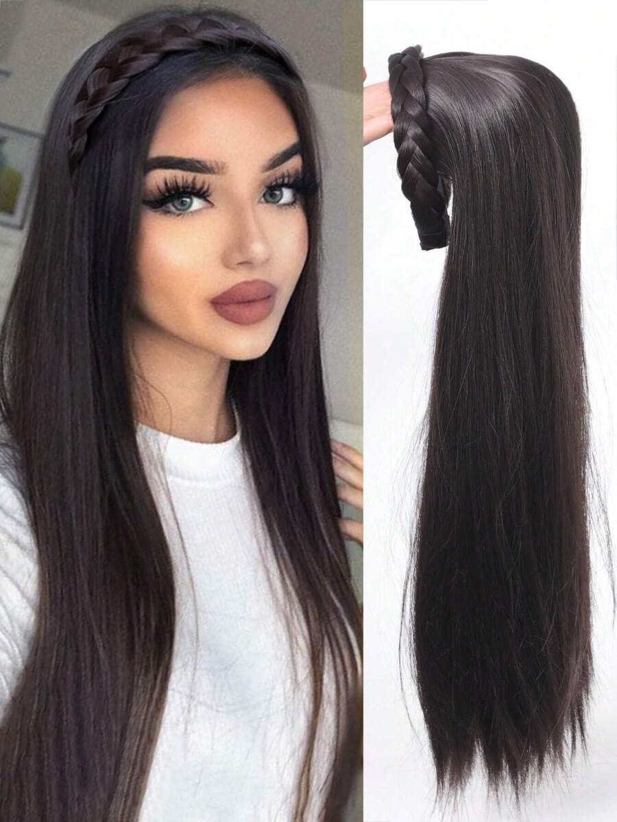 Synthetic Long Wave Hair Headband Extension, Black-Brown Twisted Braid Hairband Accessory, Natural Half Wig