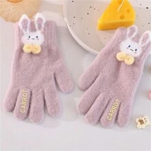 A Pair Of Rabbit-Patterned Velvet And Thickened Elastic Finger Gloves For Children Aged 6-14 Years Old, Suitable For Daily Wear And Cold Protection. - Purple - View 1