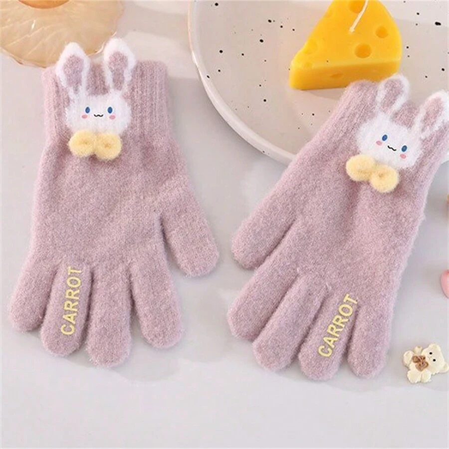 A Pair Of Rabbit-Patterned Velvet And Thickened Elastic Finger Gloves For Children Aged 6-14 Years Old, Suitable For Daily Wear And Cold Protection. - Purple - View 1