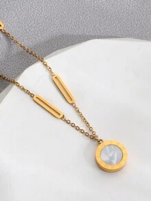 2入組/套時尚個性化不鏽鋼18k鍍金羅馬數字圓形吊墜項鍊和開口戒指,適合女性舞會、禮物贈送和日常穿戴 - 彩色 - 查看 4