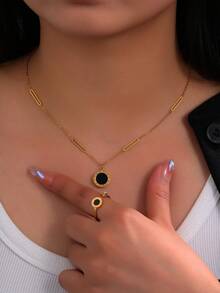 2入組/套時尚個性化不鏽鋼18k鍍金羅馬數字圓形吊墜項鍊和開口戒指,適合女性舞會、禮物贈送和日常穿戴 - 彩色 - 查看 1