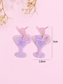 1pair Fashionable Jelly-Colored Geometric Heart & Wine Glass Shaped Pendant Earrings For Women - Multicolor - View 5
